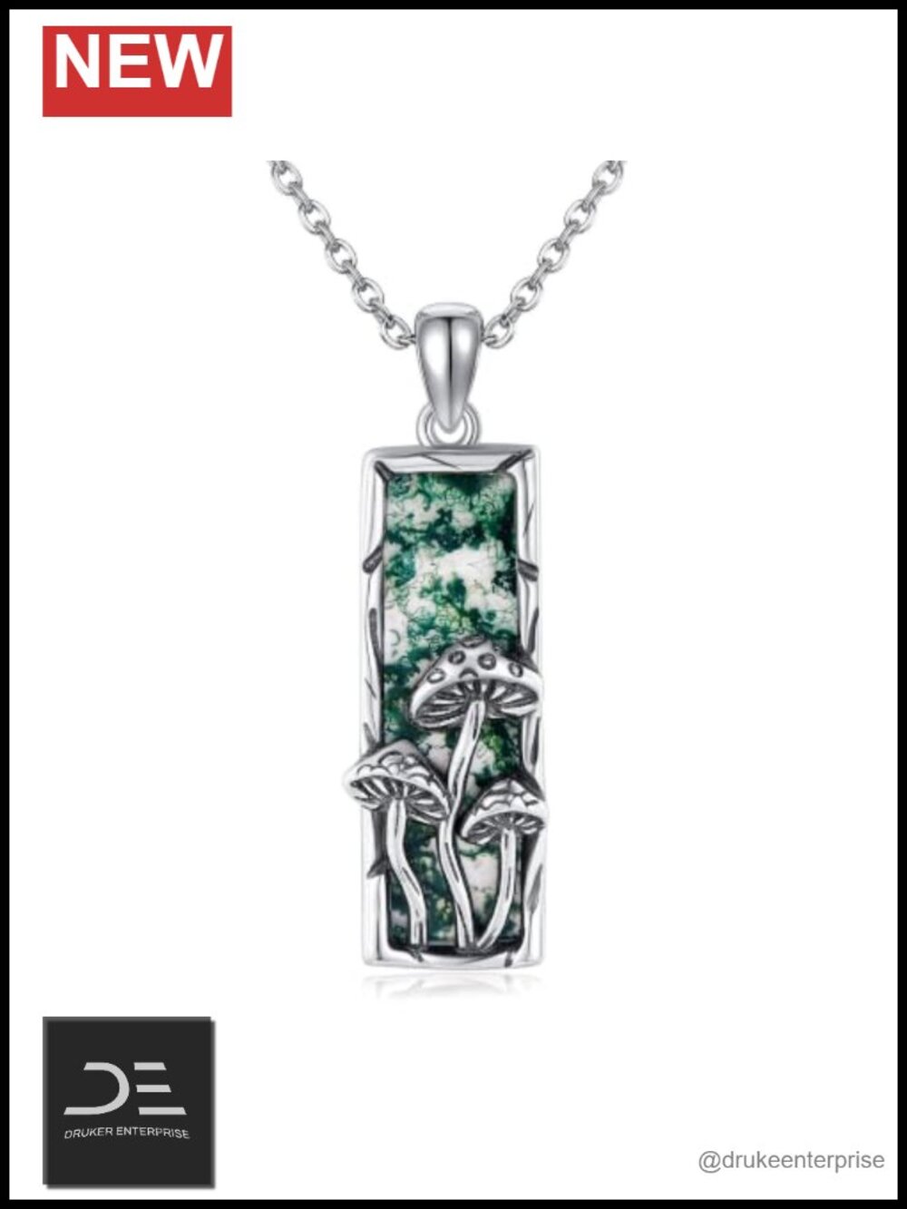 Mushroom Necklace 18K White Gold Plating Oxidized Moss Agate Pendant Women Gift